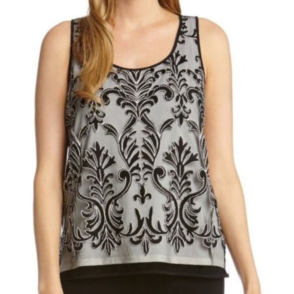 Karen Kane Blue Moon Tank Top EUC Black w/White Embroidered Overlay